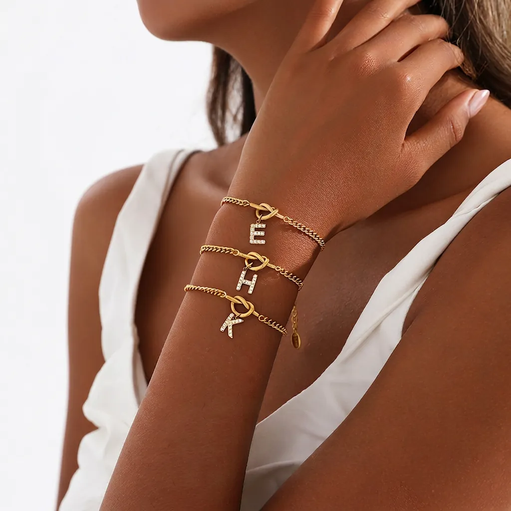 Stainless Steel Heart Knot Rhinestone Alphabet Letter Pendant Bracelet For Women 18K Gold Plated Snake Chain Jewelry Gift