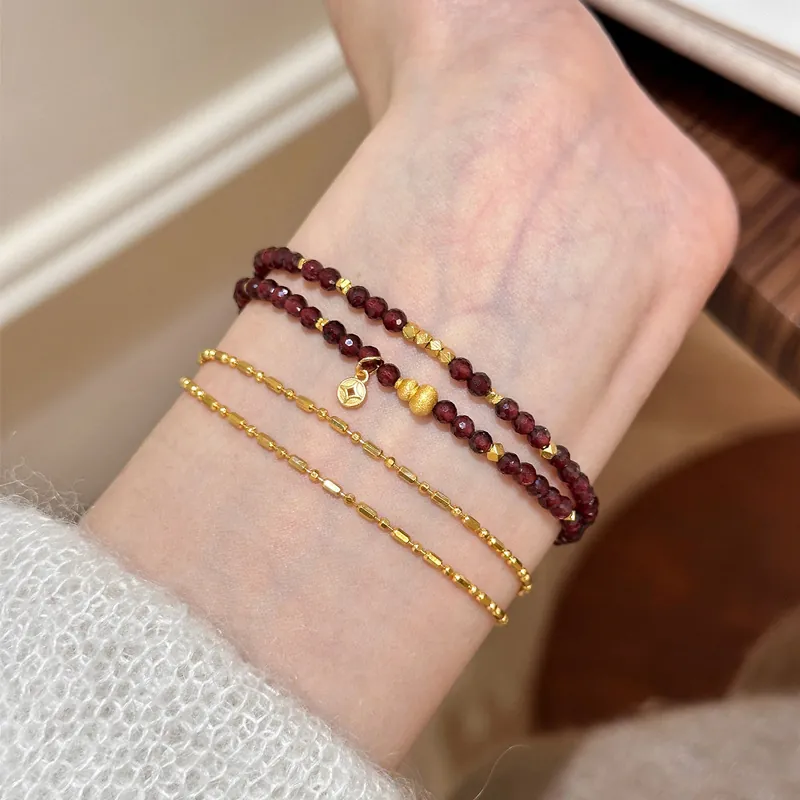 Natural Garnet Double Layer Beaded Bracelet Vintage Light Luxury Dark Red Stone Stacking Jewelry With Gourd Coin Pendants For Women