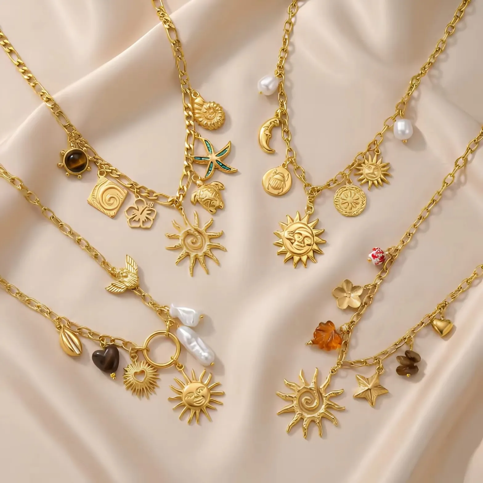 Collier Pendentif en Acier Inoxydable 304 Bohème Femmes Plaqué Or Soleil Lune Tortue Strass Perle Artificielle Bijoux