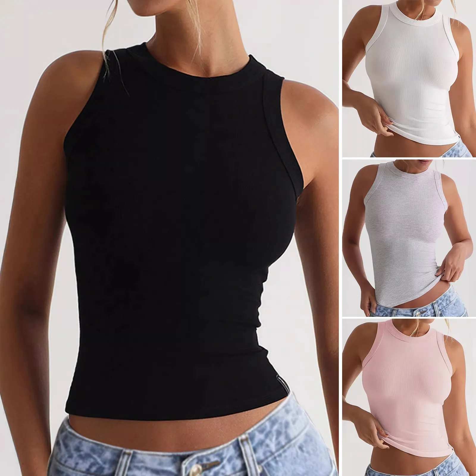 Women Casual Ribbed Tank Top Slim Fit Sleeveless Round Neck Summer Sport Vest Nylon Spandex Breathable Basic Solid Color Top