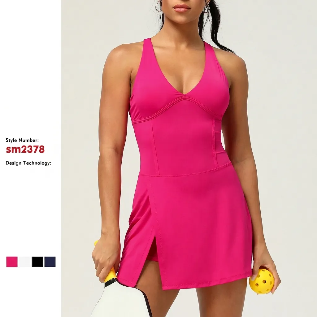 Women Sleeveless Quick Dry Yoga Jumpsuit Skort Backless With Chest Pad Tennis Dress Workout Activewear