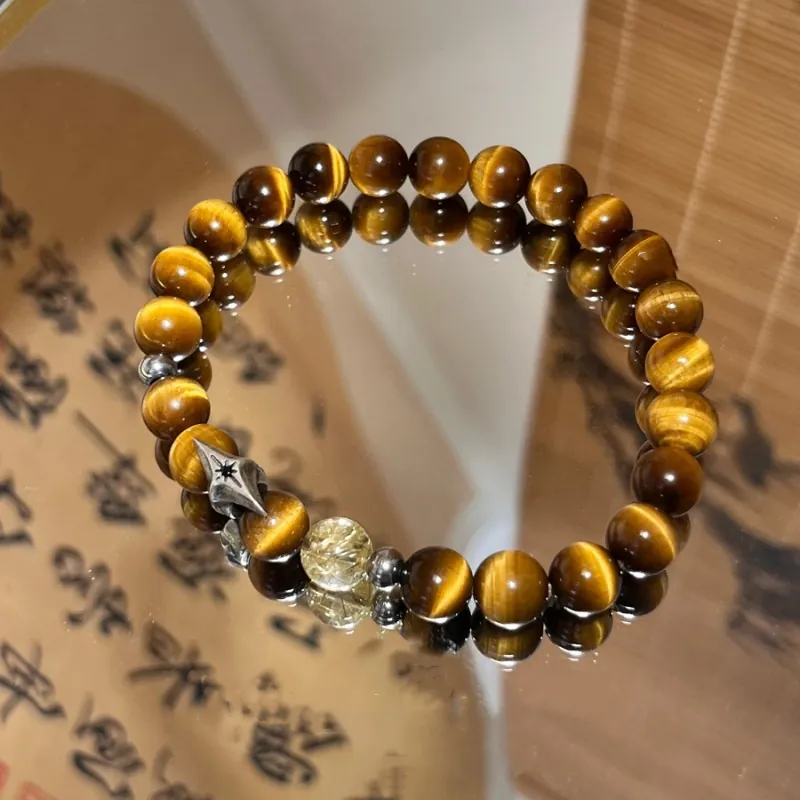 Natural Yellow Tiger's Eye Beaded Bracelet With Rutilated Quartz Bead Alloy Hexagram Star Charm Lightweight Luxury Unisex Jewelry Bracelet
