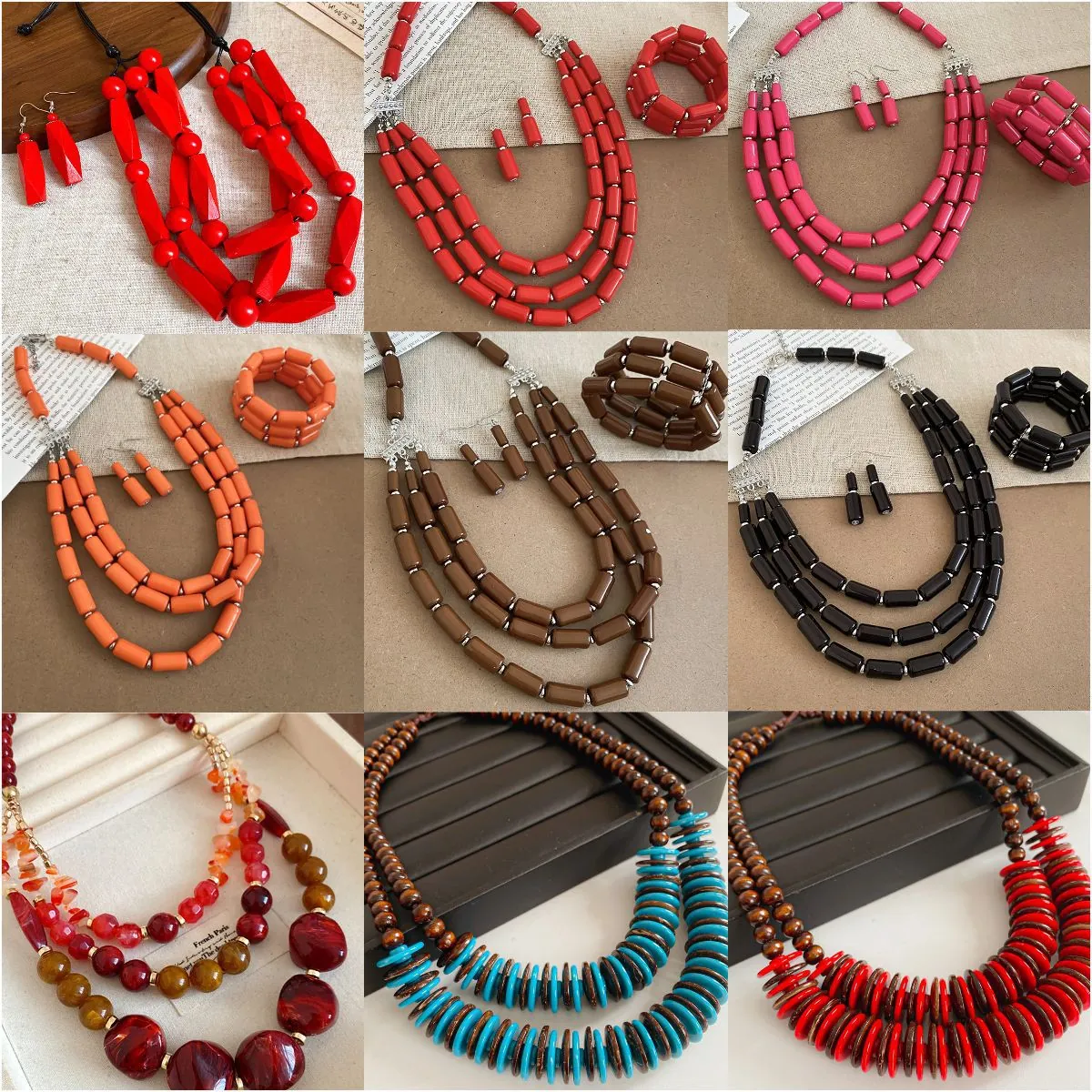 Vintage Ethnic Agate Beaded Jewelry Set Necklace Bracelet Earrings Bohemian Layered Geometric Multicolor Jewelry For Women