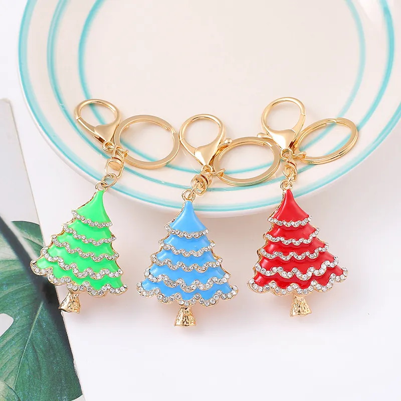 Enamel Christmas Tree Keychain With Rhinestones Zinc Alloy Gold Plated Xmas Tree Pendant Key Ring For Women Birthday Gift
