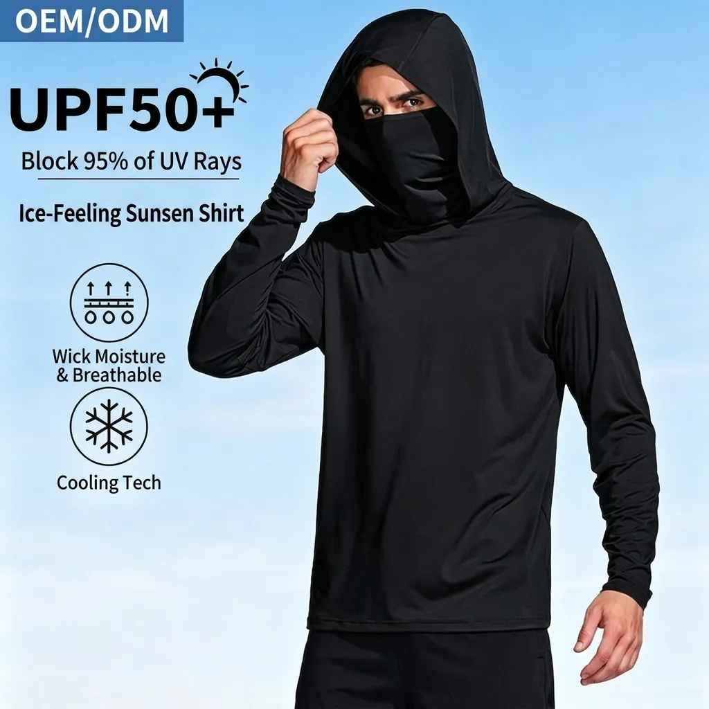 UPF50+ Sun Protection Hoodie With Integrated Face Mask Long Sleeve Cooling Ice Silk Outdoor Jacket For Fishing Hiking