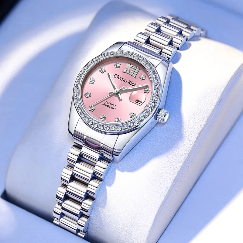 Fashion Women Rhinestone Quartz Watch Luxury Steel Strap Waterproof Date Display Roman Numeral Dial Elegant Wristwatch Lady Gift