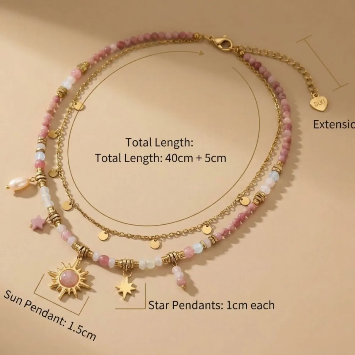 New Chinese Style Double Layer Pendant Necklace Titanium Steel Natural Stone Beaded Sun Star Charm Clavicle Chain Jewelry