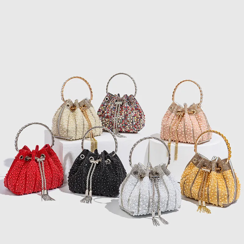 Elegant Rhinestone Artificial Pearl Evening Bucket Bag For Women Luxury Tassel Fortune Pouch Socialite Banquet Clutch Wedding Party Purse