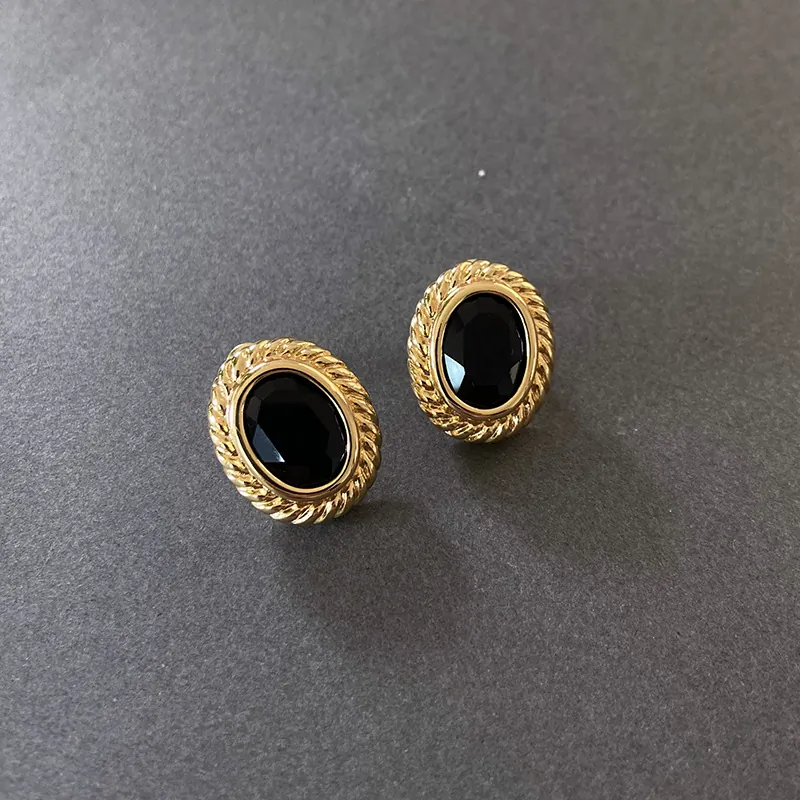 Vintage French Oval Copper Stud Earrings With 18K Gold Plated Zirconia 925 Sterling Silver Post Retro Luxury Jewelry For Women