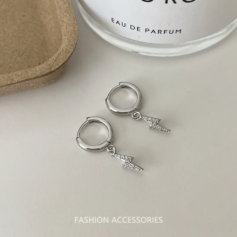 Hip Hop Lightning Bolt Hoop Earrings For Women Men Brass Rhinestone Pave Dangle Earrings Street Style Jewelry Gift