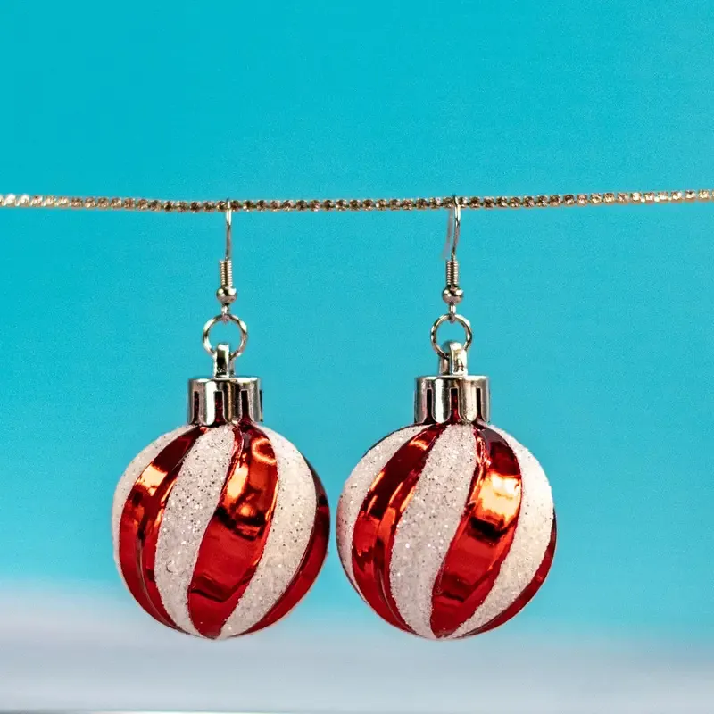 Creative Christmas Ball Drop Earrings Red White Striped Frosted Resin Bauble Earrings Festive Holiday Party Jewelry For Women