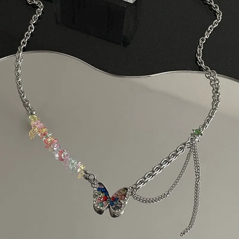 Y2K Asymmetric Butterfly Pendant Necklace Colorful Crushed Stone Patchwork Titanium Steel Alloy Rhinestone Tassel Clavicle Chain Jewelry For Women