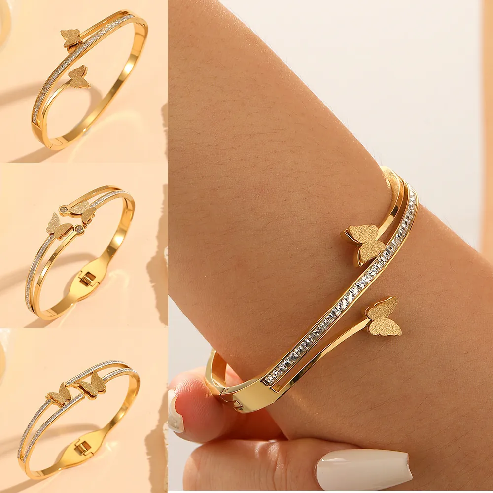 European American Stainless Steel Gold Plated Butterfly Bangle For Women Double Layer Rhinestone Animal Cuff Bracelet Jewelry