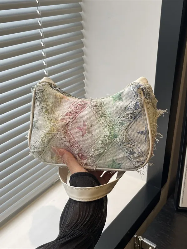 Trendy Women PU Underarm Hobo Bag Frayed Edges Star Plaid Pattern Small Shoulder Handbag For Daily Street Style Fashion Accessory