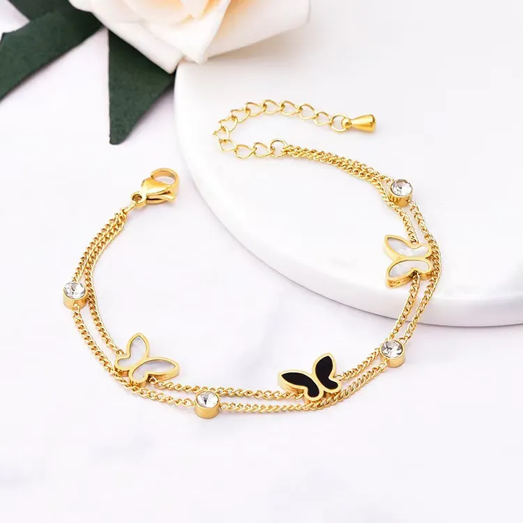 18K Gold Plated Titanium Steel Double Layer Anklet For Women Butterfly Heart Pendant Rhinestone Adjustable Foot Jewelry