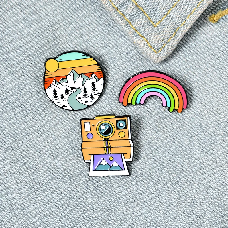 Cartoon Alloy Enamel Brooch Pins Creative Retro Camera Rainbow Sunset Mountain Landscape Badges For Backpack Hats Accessories