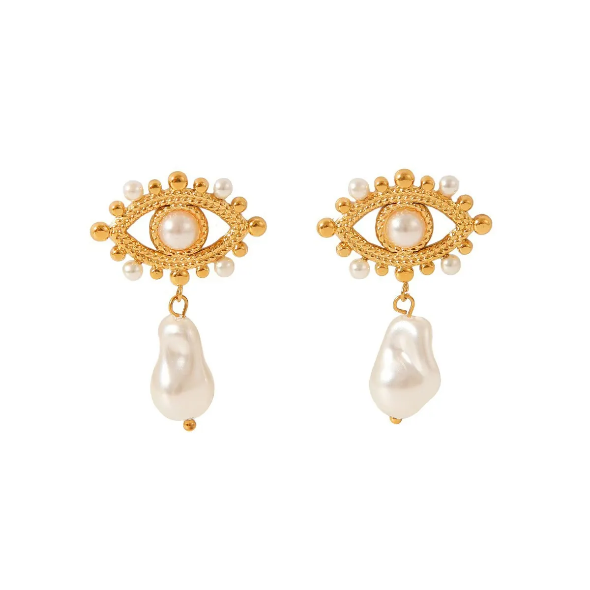 French Vintage Gold Evil Eye Drop Earrings For Women Zinc Alloy Artificial Pearl Baroque Pearl Mystical Earrings Jewelry Gift
