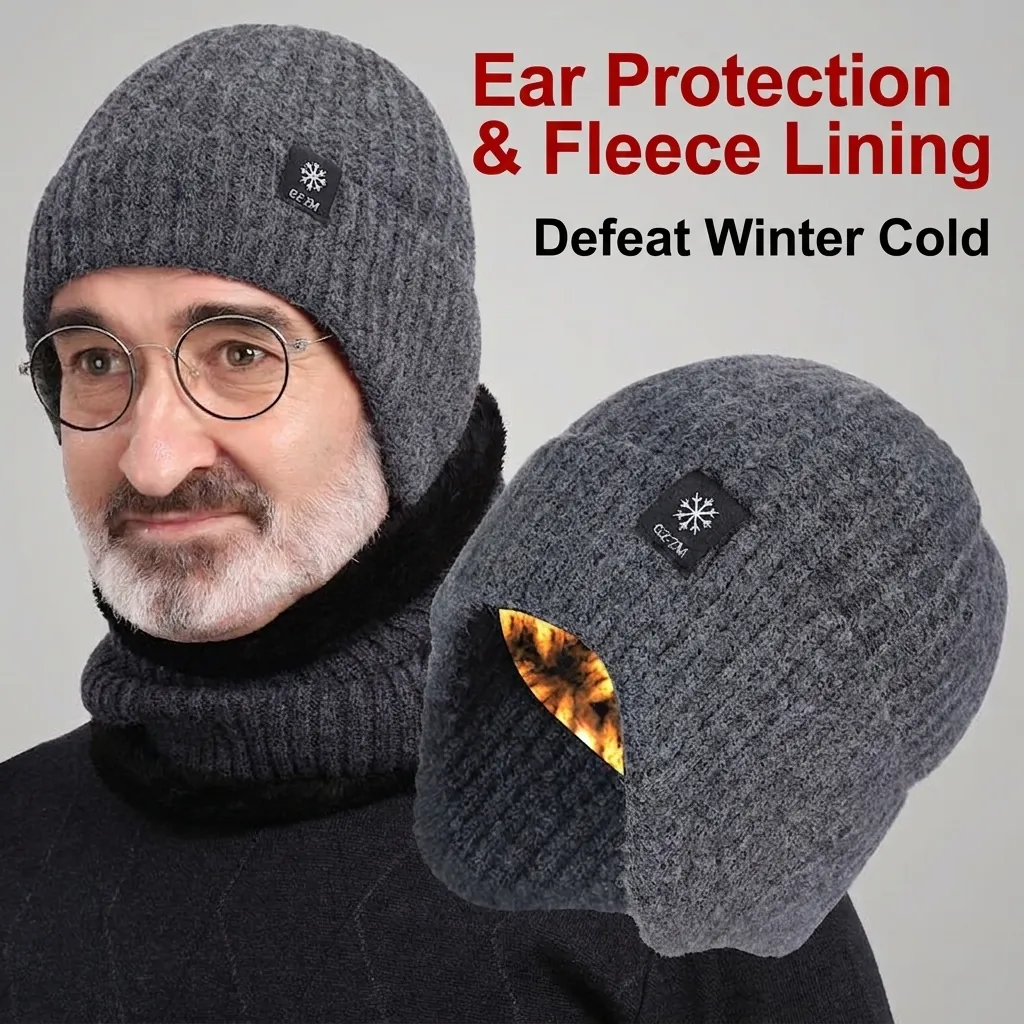 Winter Warm Knitted Beanie Hat For Men Elderly Fleece Lined Thickened Outdoor Ear Protection Cap Cold Weather Headwear