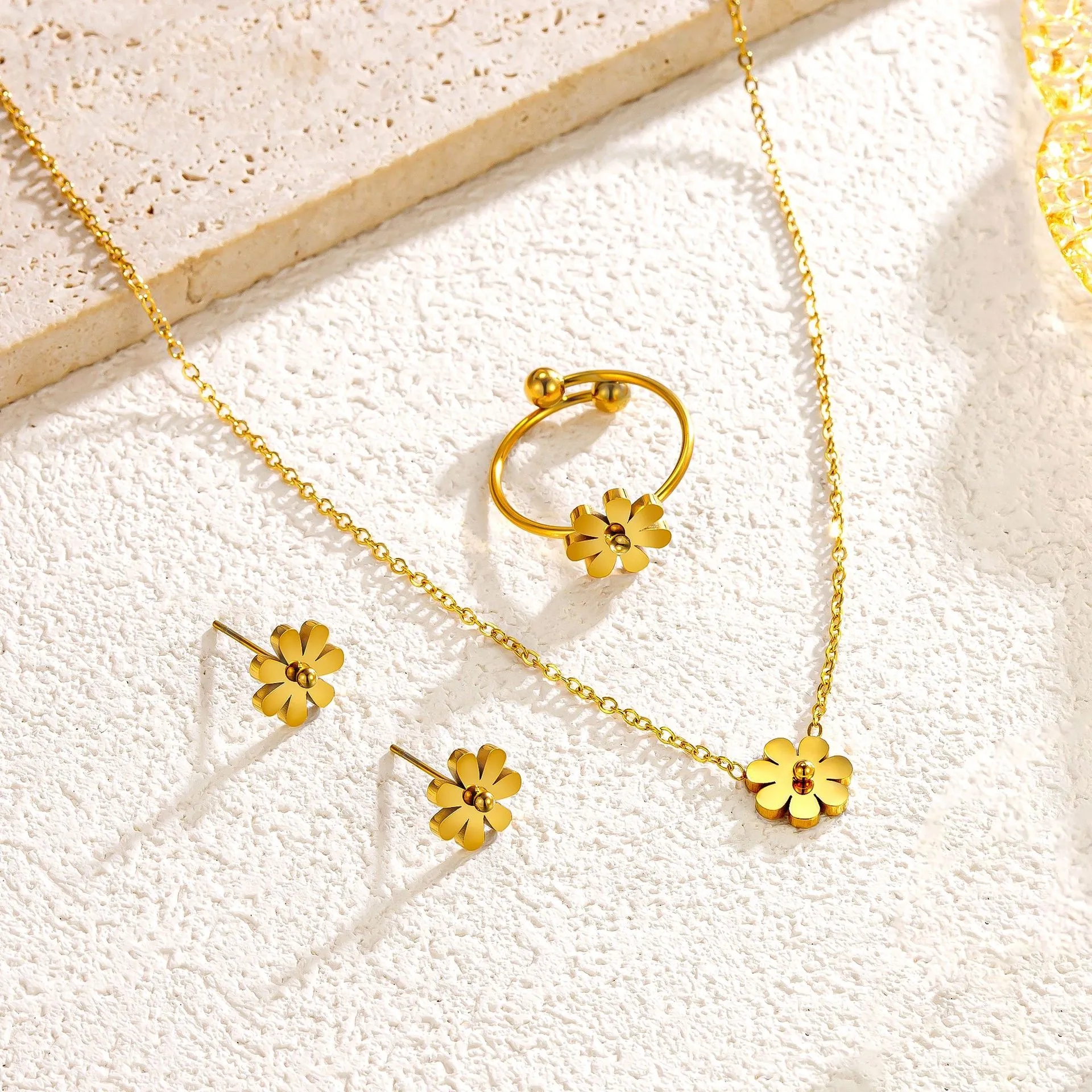 18K Gold Plated Titanium Steel Little Daisy Jewelry Set Sweet Floral Necklace Stud Earrings Adjustable Open Ring For Women