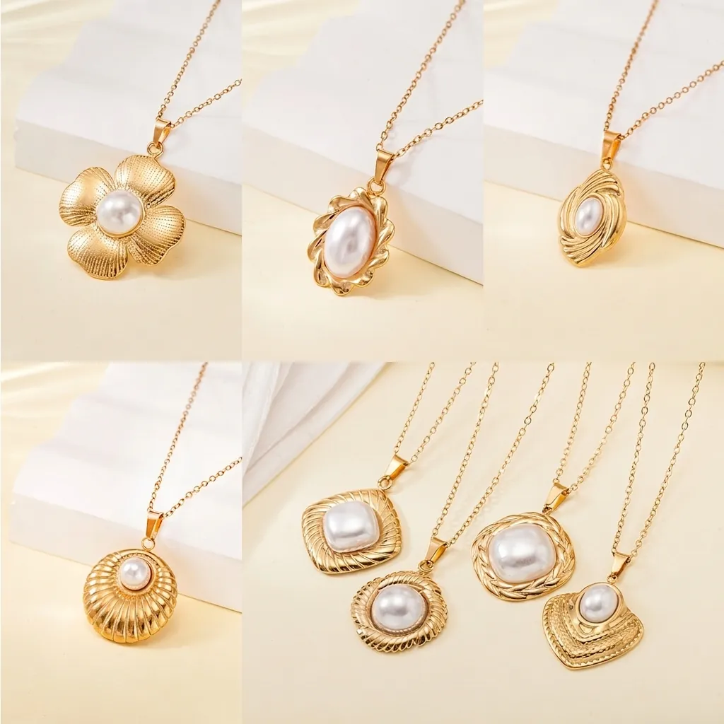 Stainless Steel Artificial Pearl Pendant Necklace 18K Gold Plated French Vintage Floral Heart Sun Shape Jewelry For Women