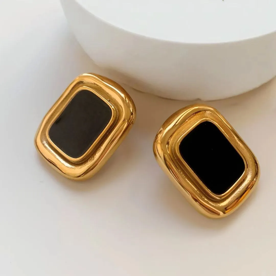 Vintage Gold Plated Stainless Steel Geometric Stud Earrings For Women Retro Rectangular Oval Square Colorful Resin Earrings Jewelry