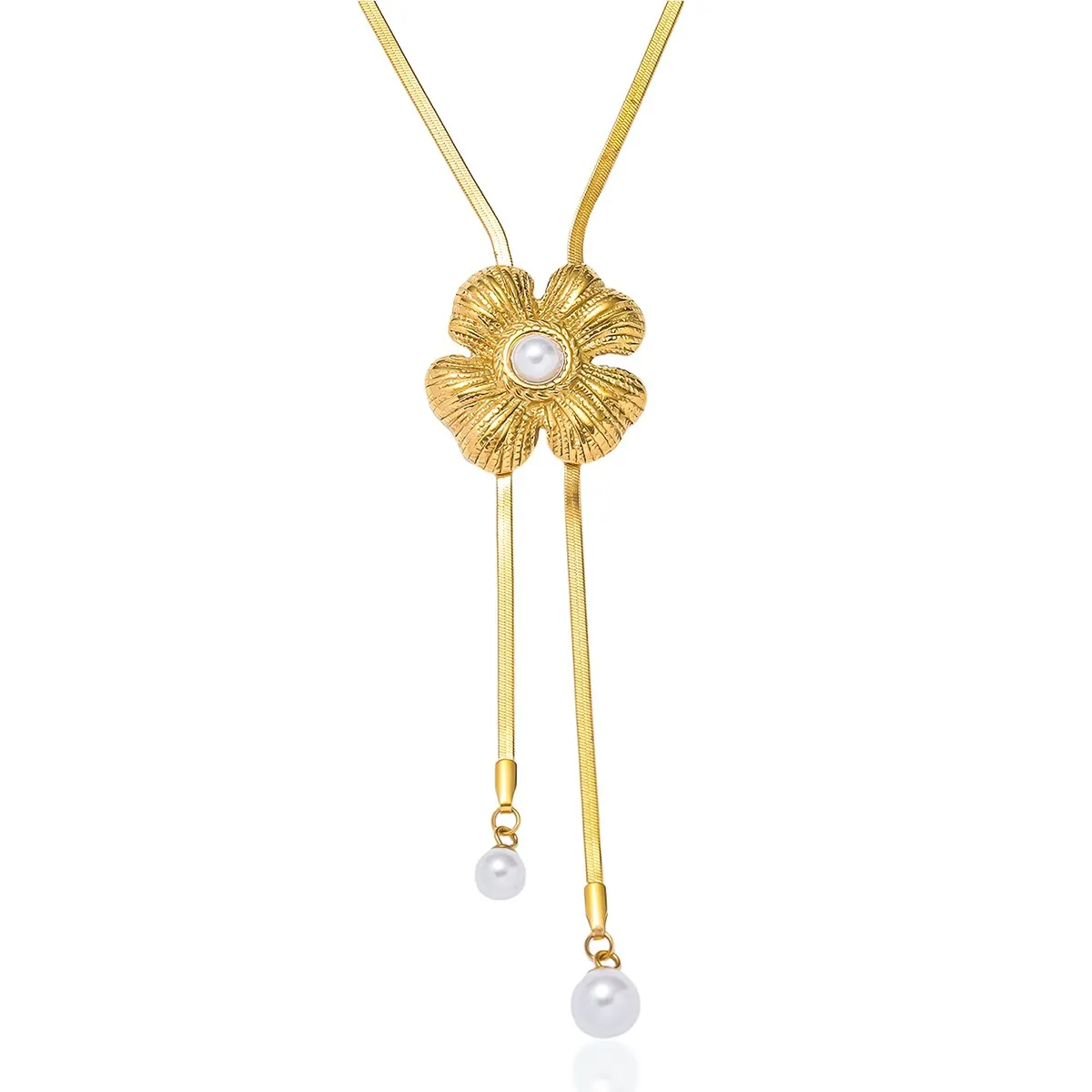 Vintage Titanium Steel Flower Tassel Necklace With Artificial Pearl Gold Plated Snake Bone Chain Necklaces For Women Jewelry