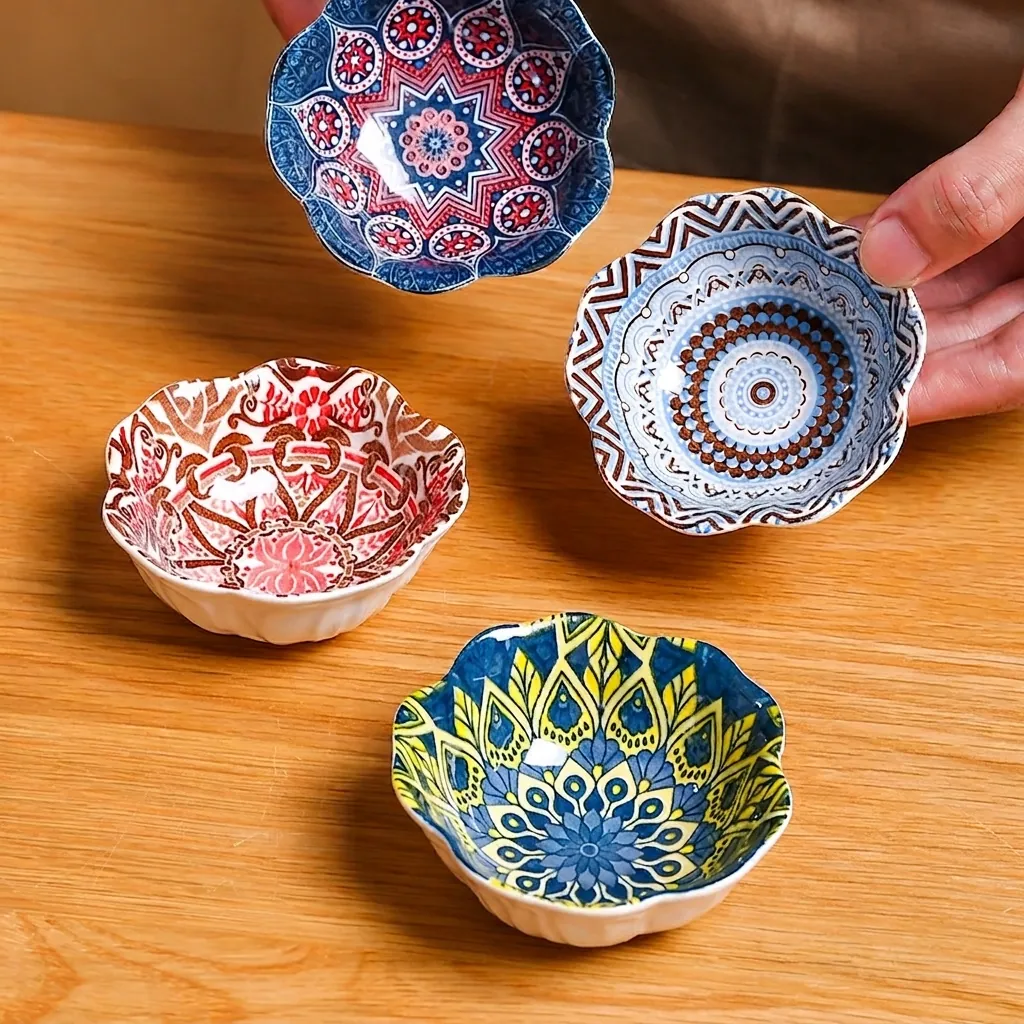 Japanese Bohemian Ceramic Seasoning Dish Mandala Pattern Petal Edge Sauce Plate Small Dipping Bowl For Kitchen Dining Home Tableware