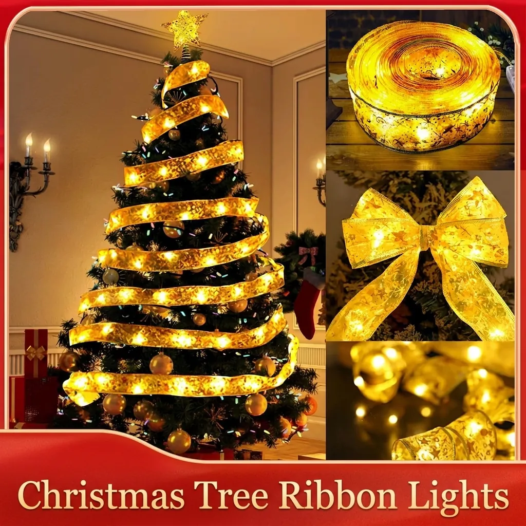 Christmas LED Ribbon Fairy Lights Double Layer Bronzing Star Patterns String Lights Battery Powered USB For Xmas Tree Decor