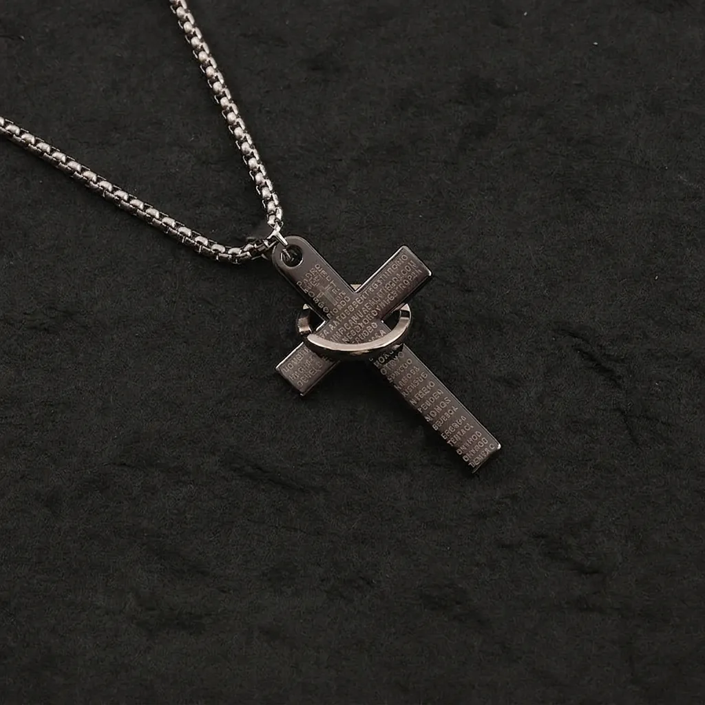 Hip Hop Titanium Steel Cross Pendant Necklace For Men Women Punk Spanish Prayer Engraved Circle Black Silver Sweater Chain