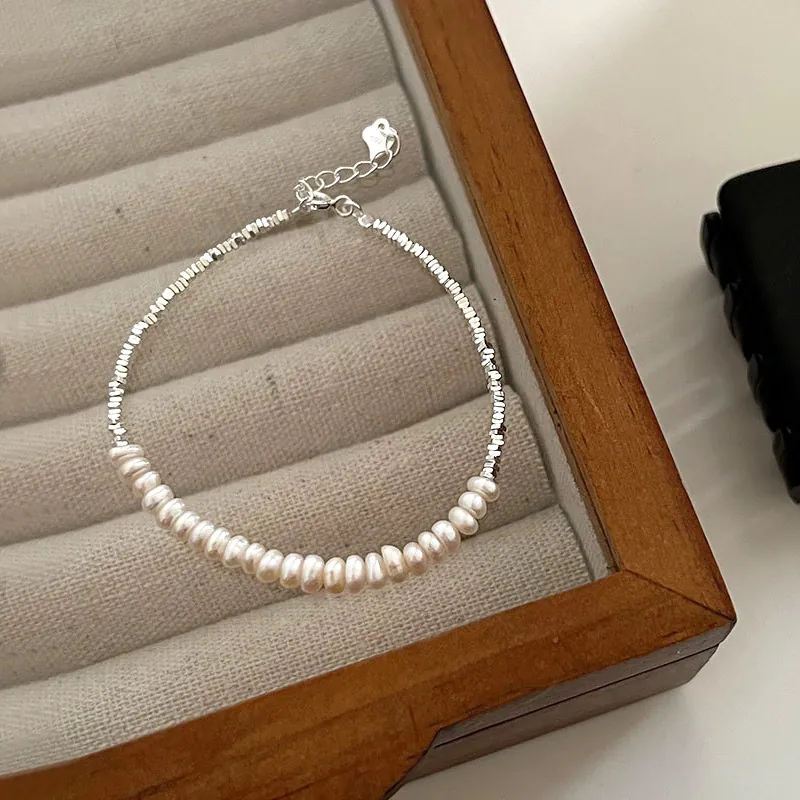 925 Sterling Silver Artificial Pearl Bracelet For Women Elegant Trendy Silver Piece Splicing Adjustable Chain Bracelet Jewelry
