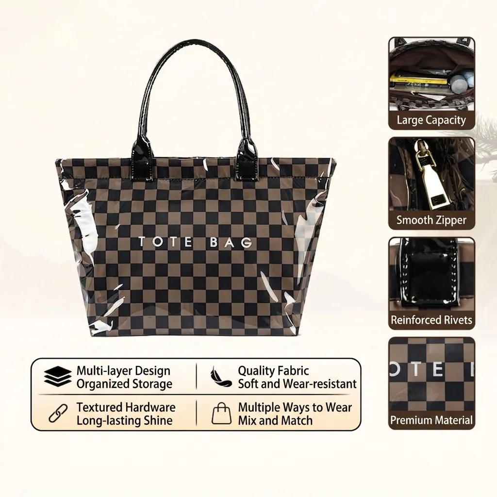 Retro Checkerboard Tote Bag For Women Large Capacity PVC Waterproof Shopping Bag Vintage Plaid Leopard Print Shoulder Bag