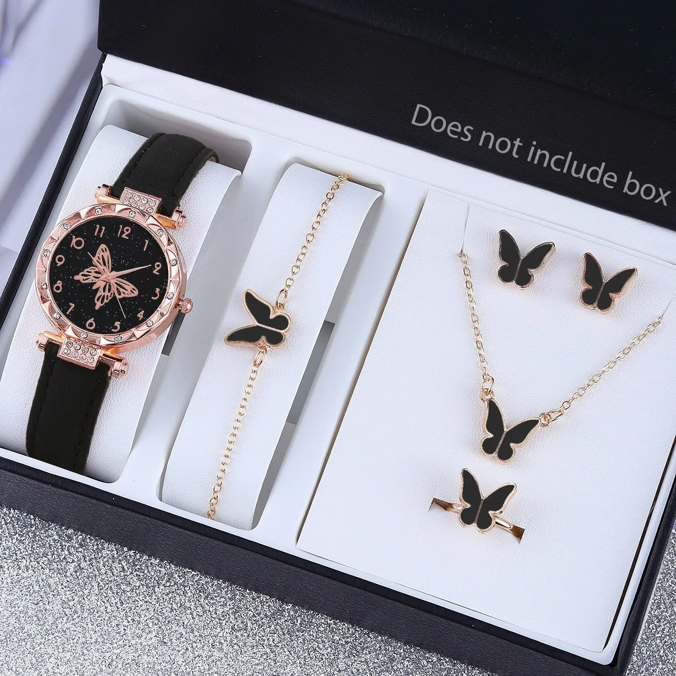 Butterfly Quartz Watch Necklace Bracelet Earrings Ring Collection For Women Alloy Rhinestone Starry Sky Dial Jewelry