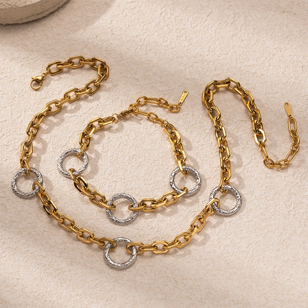 Collana Bracciale Catena in Acciaio Inossidabile Oro Argento Texture Martellata Cerchio Gioielli Minimalisti Donna