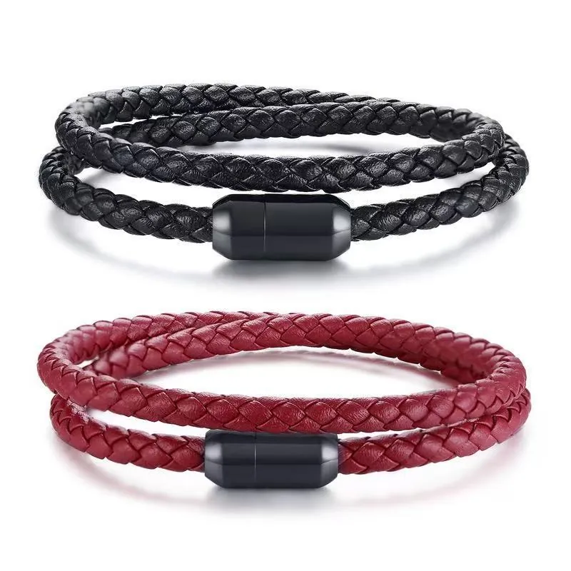 Bracelet en Cuir Tressé Double Couche pour Hommes Avec Fermoir Magnétique en Acier Inoxydable Bijoux Mode Punk Accessoire Quotidien