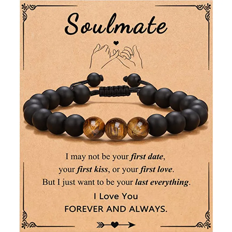 Men Tiger Eye Bracelet Handmade Adjustable Matte Black Bead Braided Bracelet With Gift Greeting Card Christmas Birthday Jewelry