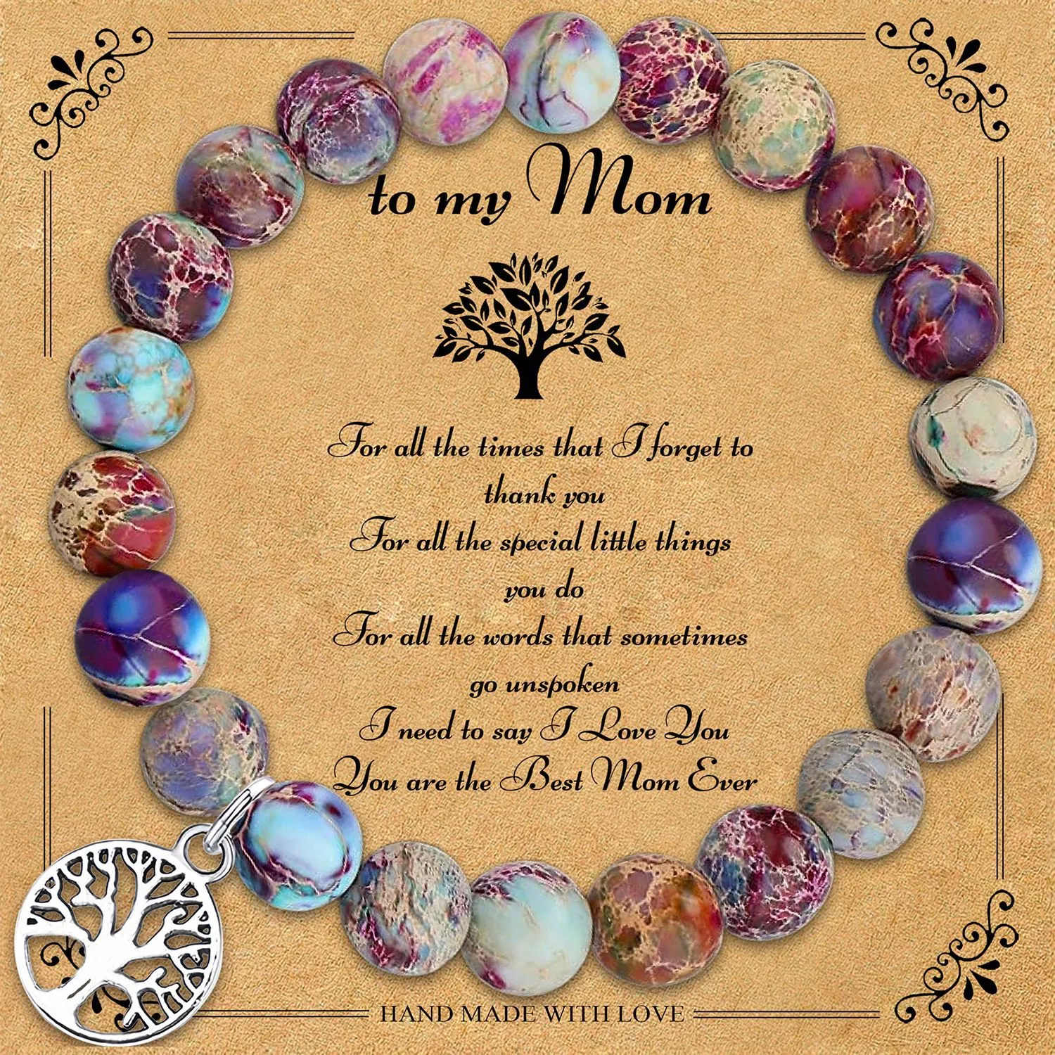 Natural Stone Tree Of Life Beaded Bracelet For Women Handmade Elastic Jewelry Gift For Mom With Message Card