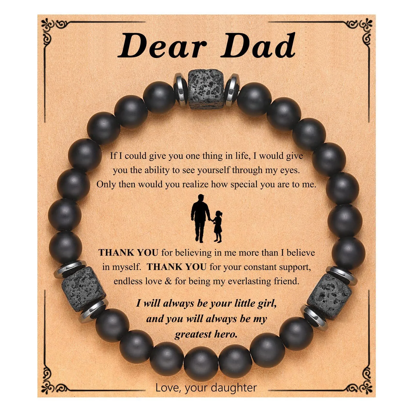 Men's Matte Black Beads Square Lava Stone Beaded Bracelet With Gift Card For Dad Husband Son Fashion Jewelry