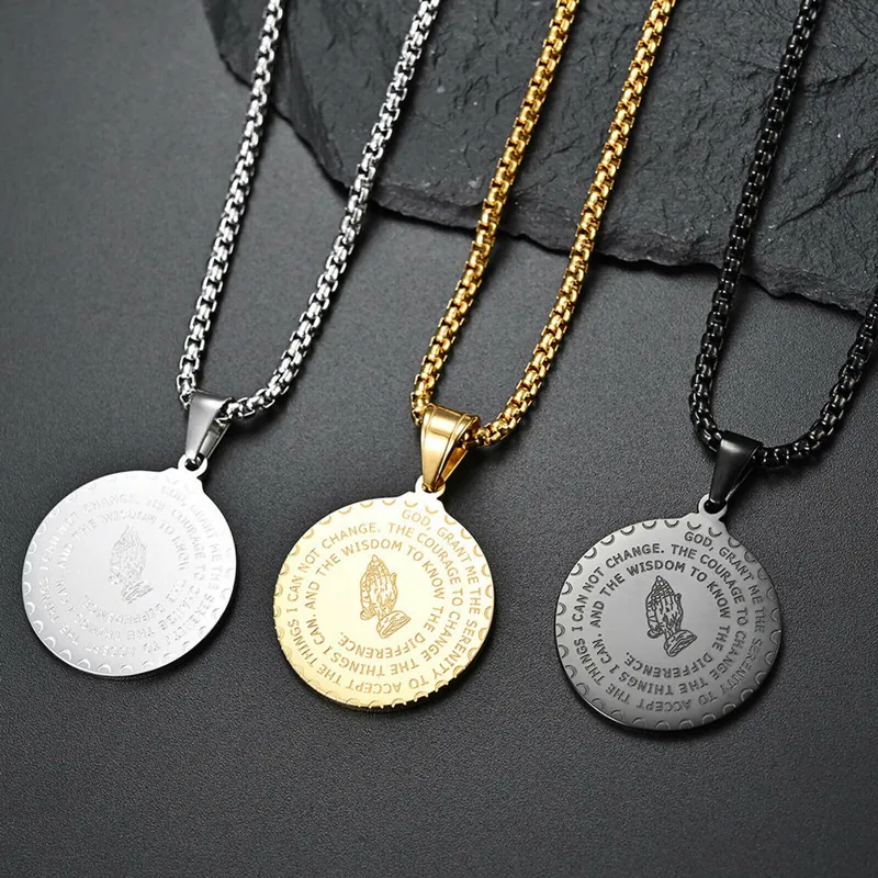 Stainless Steel Praying Hands Pendant Necklace For Men Women Serenity Prayer Round Coin Necklace Religious Jewelry Gift