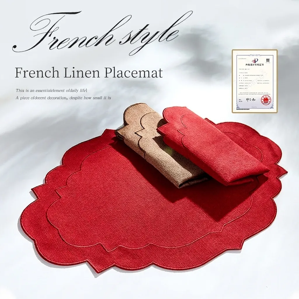 Set de Table en Lin de Style Français Brodé Bord Festonné Résistant à la Chaleur Antidérapant pour Salle à Manger Cuisine Maison