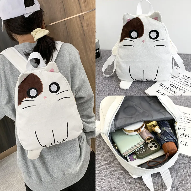 Cute Cat Embroidery Polyester Backpack For Women Japanese Style Kawaii Schoolbag With 3D Ears For Daily Travel Girl