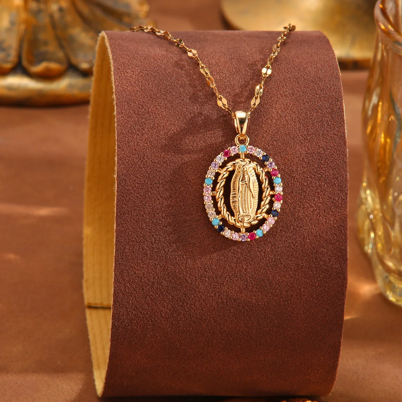 Vintage Stainless Steel Virgin Mary Pendant Necklace Retro Gold Plated Copper Colored Rhinestone Religious Clavicle Chain