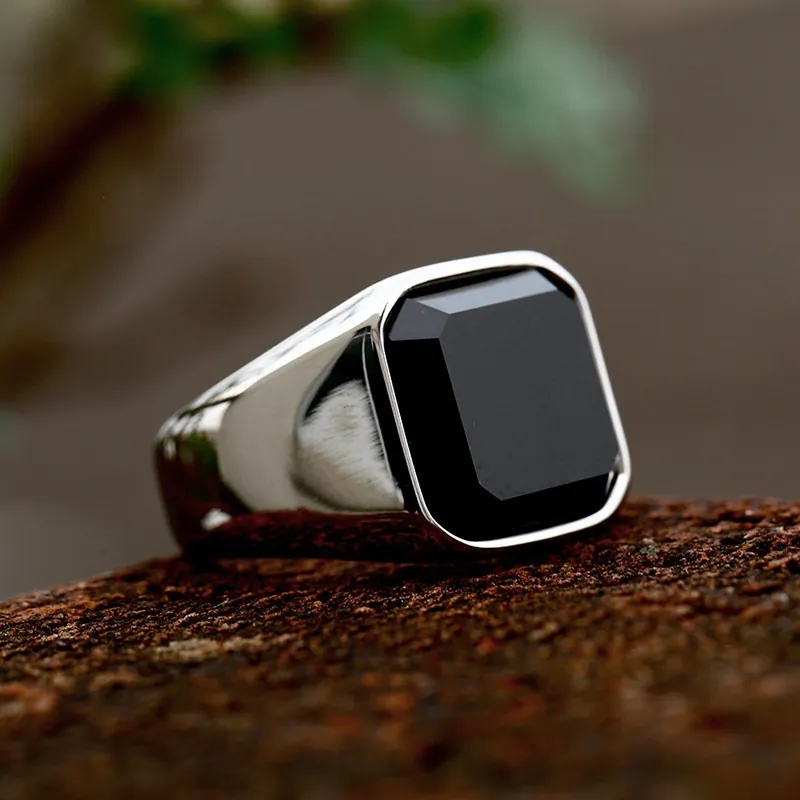 Vintage Men Square Black Agate Ring Silver Plated Alloy Punk Hip Hop Streetwear Statement Signet Ring For Men Jewelry Gift