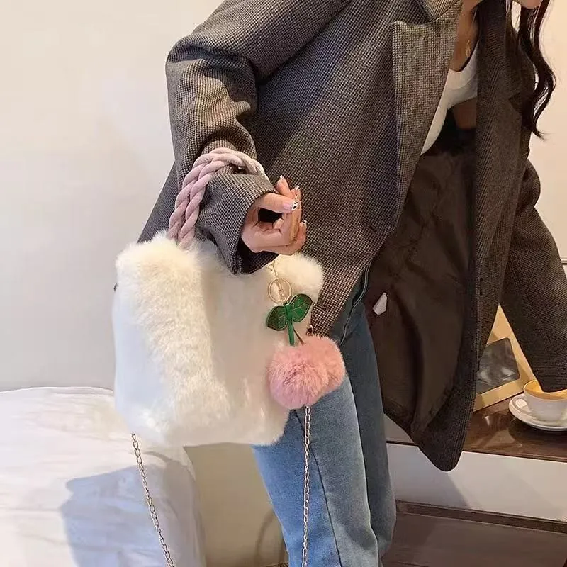 Mode Damen Plüsch Kirsche Schulter Umhängetasche Kunstpelz Süße Mädchen Handtasche Mit Geflochtenem Griff Kette Weich Flauschig Tasche