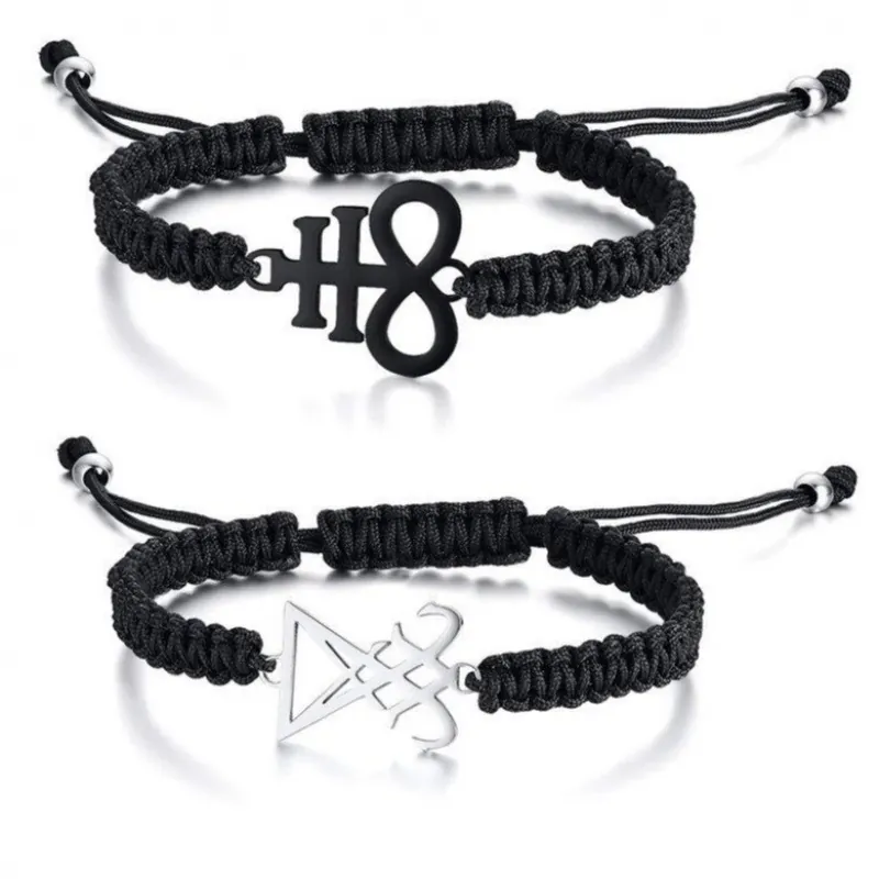 Stainless Steel Leviathan Cross Sigil Of Lucifer Braided Rope Bracelet Set Gothic Occult Symbol Adjustable Unisex Jewelry