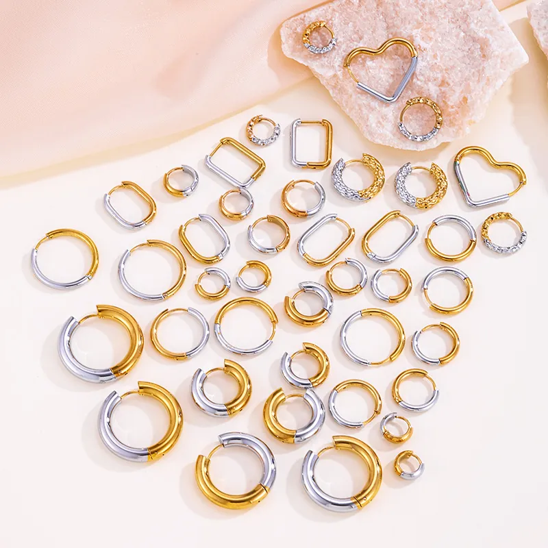 Créoles Minimalistes en Acier Inoxydable Bicolore pour Femmes Plaqué Or 18K Rond Cœur Géométrique Bijoux Vintage