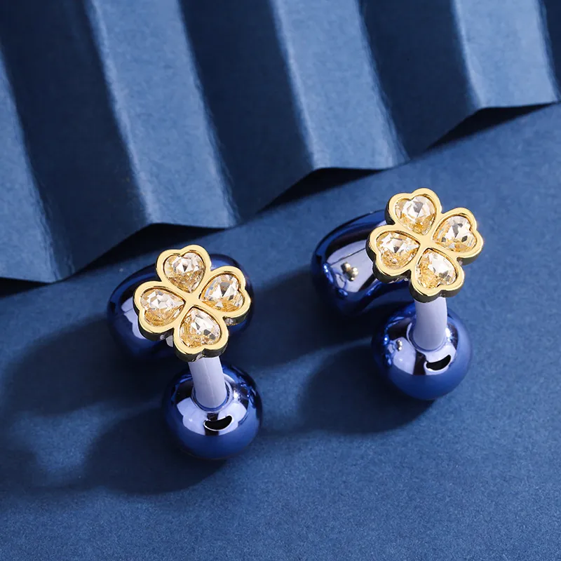 Copper Four Leaf Clover Rhinestone Bluetooth Earphone Clip Earrings For Women Floral Inlaid Ear Clip Jewelry Gold Silver