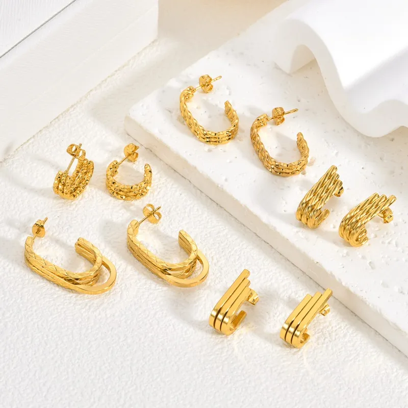 Vintage Stainless Steel Stud Earrings For Women Gold Plated Irregular Geometric U-Shaped C-Shaped Starry Texture Statement Jewelry