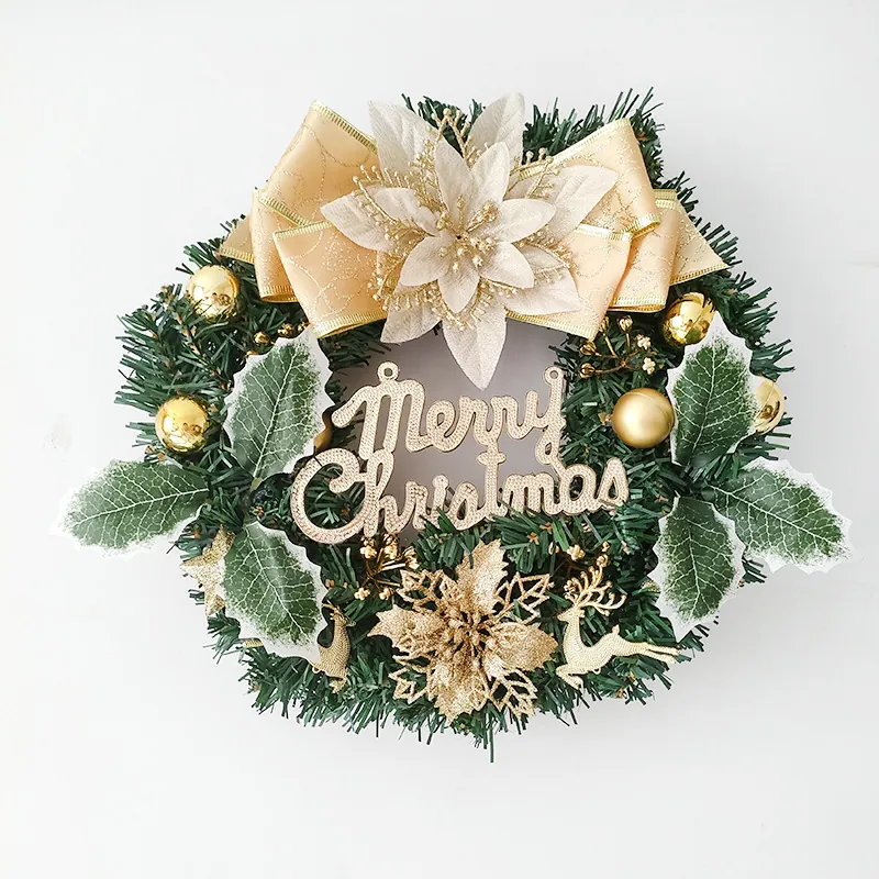 Couronne de Noël Artificielle Avec Fleurs Dorées Renne Nœud Inscription Merry Christmas Pour Décoration De Porte Et Mur