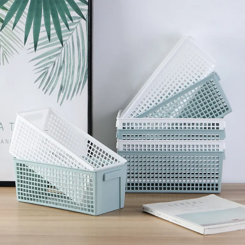 Rectangular Hollow Plastic Storage Basket For Desktop Snacks Stationery Organizing Box With Handles Home Kitchen Basket