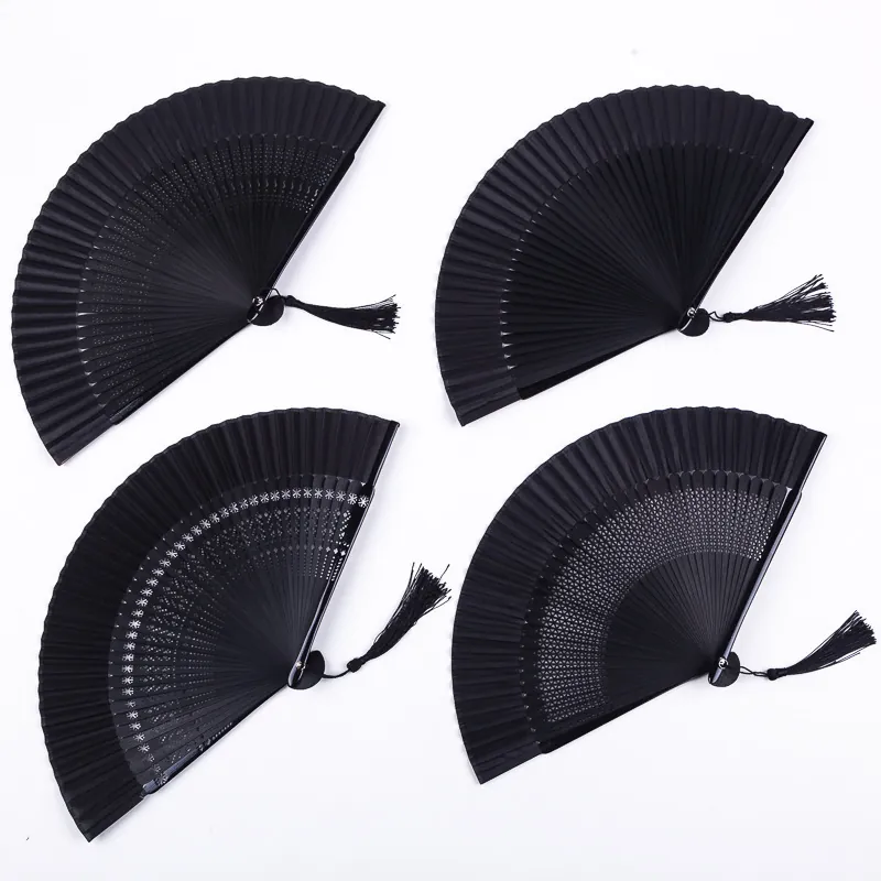 Elegant Black Lacquered Bamboo Folding Fan Chinese Style Hand Fan With Tassel For Dancing Performance Wedding Party Gift